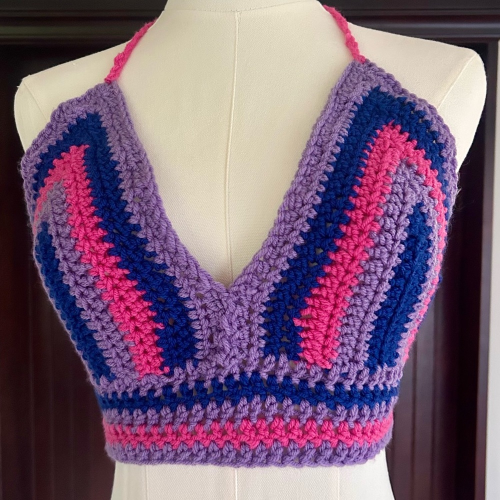 Y2K Crochet Hand Knit Halter Bralette Going Out Micro Top Club Cyber Rave Size S - Picture 2 of 6